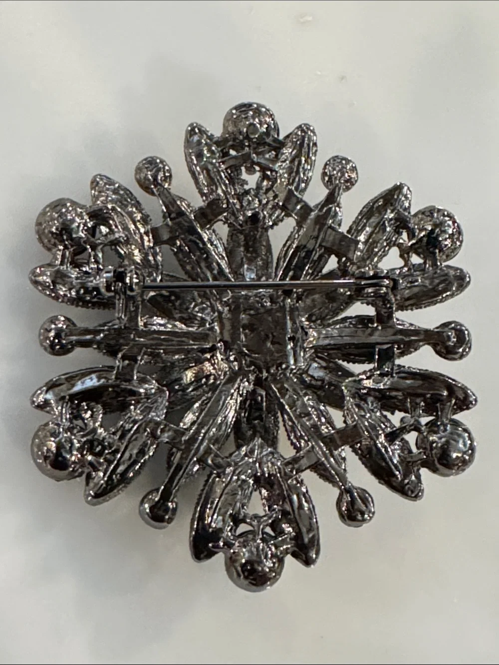 Vintage-Inspired Black and Clear Crystal Floral Brooch - Unbranded